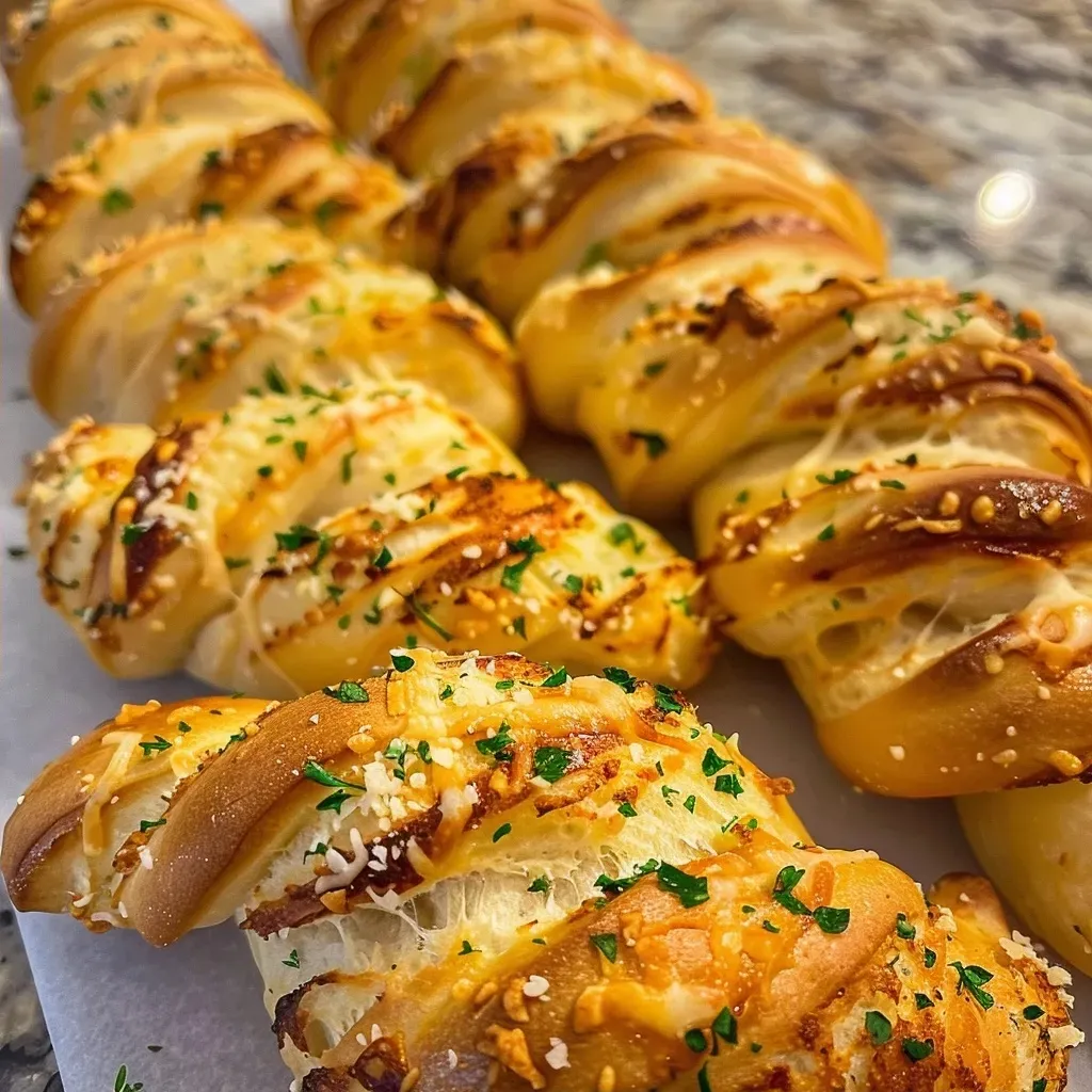 ['Close-up of golden-brown garlic Parmesan bread twists arranged appetizingly.', 'Juicy garlic Parmesan bread twists with a crispy crust, viewed from the side.', 'A side view of freshly baked bread twists sprinkled with Parmesan and herbs.', 'Warm, flaky garlic Parmesan bread twists displayed in an inviting manner.']