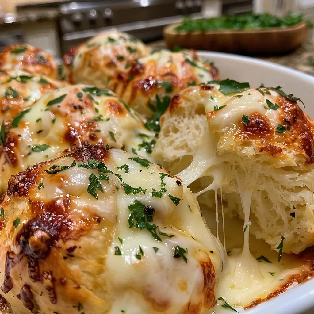 ['Close-up view of gooey mozzarella biscuit bombs with melting cheese.', 'Side profile of biscuit bombs filled with mozzarella, glistening with butter.', 'Delicious biscuit bombs with strings of melted cheese, garnished with parsley.', 'Juicy biscuit bombs showing mozzarella oozing out, on a wooden board.']