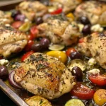 ['Juicy Greek sheet pan chicken with colorful vegetables and herbs.', 'Close-up of Greek-style chicken thighs with zucchini, peppers, and tomatoes.', 'A vibrant sheet pan dinner featuring chicken, olives, and feta cheese.', 'Plate of Greek chicken dinner with fresh herbs and roasted vegetables.']