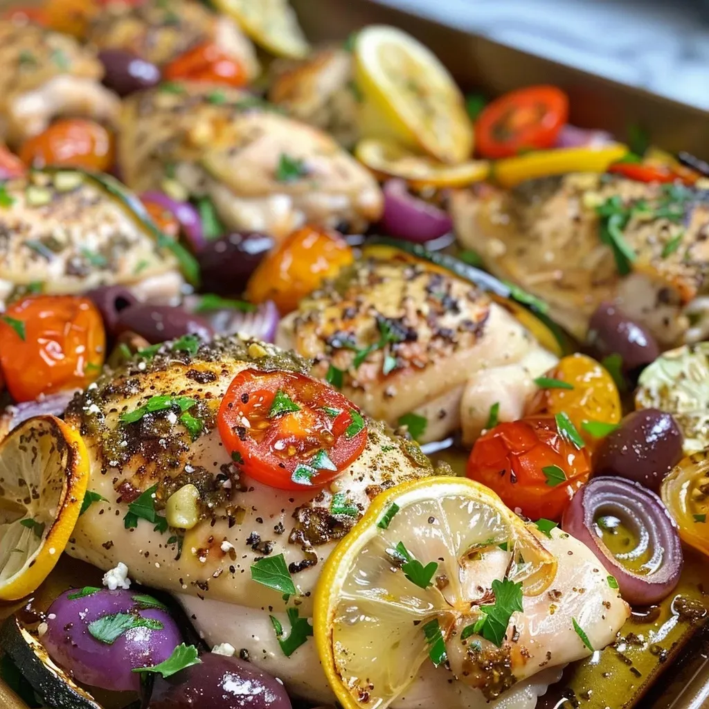 ['Juicy Greek sheet pan chicken with colorful vegetables and herbs.', 'Close-up of Greek-style chicken thighs with zucchini, peppers, and tomatoes.', 'A vibrant sheet pan dinner featuring chicken, olives, and feta cheese.', 'Plate of Greek chicken dinner with fresh herbs and roasted vegetables.']