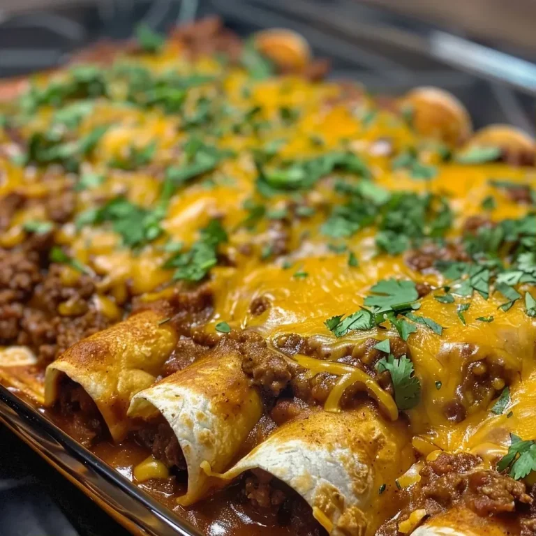 ['Close-up side view of juicy Ground Beef and Cheese Enchiladas on a plate.', 'Deliciously layered enchiladas filled with ground beef and melted cheese.', 'Appetizing photo of Ground Beef and Cheese Enchiladas drizzled with red sauce.', 'Tasty serving of enchiladas showcasing ground beef, cheese, and fresh toppings.']