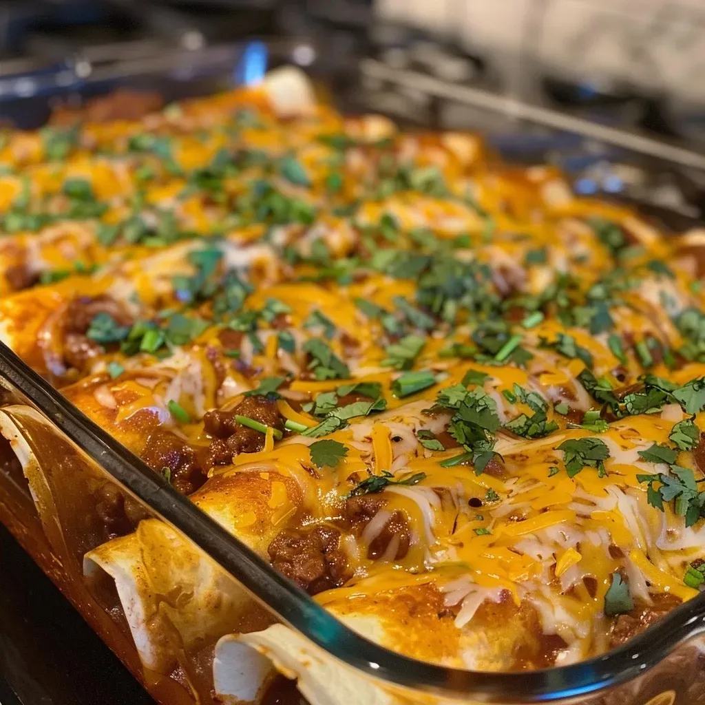 ['Close-up side view of juicy Ground Beef and Cheese Enchiladas on a plate.', 'Deliciously layered enchiladas filled with ground beef and melted cheese.', 'Appetizing photo of Ground Beef and Cheese Enchiladas drizzled with red sauce.', 'Tasty serving of enchiladas showcasing ground beef, cheese, and fresh toppings.']