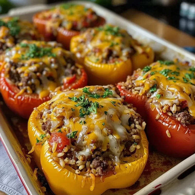 ['Close-up of a vibrant stuffed bell pepper filled with ground beef and rice.', 'Side view of juicy ground beef stuffed peppers arranged on a plate.', 'Colorful bell peppers stuffed with a savory mixture of ground beef and cheese.', 'A deliciously prepared ground beef stuffed pepper, showcasing its rich filling.']