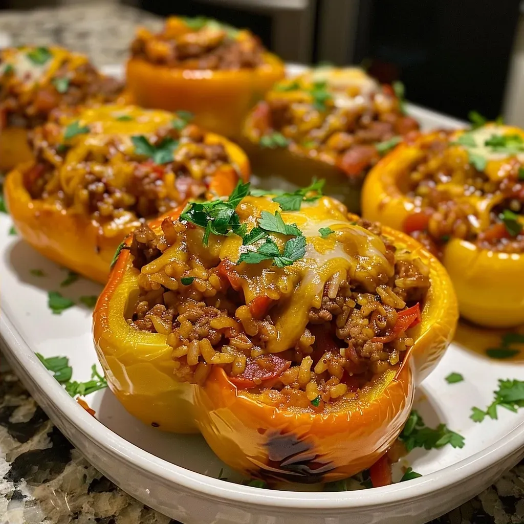 ['Close-up of a vibrant stuffed bell pepper filled with ground beef and rice.', 'Side view of juicy ground beef stuffed peppers arranged on a plate.', 'Colorful bell peppers stuffed with a savory mixture of ground beef and cheese.', 'A deliciously prepared ground beef stuffed pepper, showcasing its rich filling.']