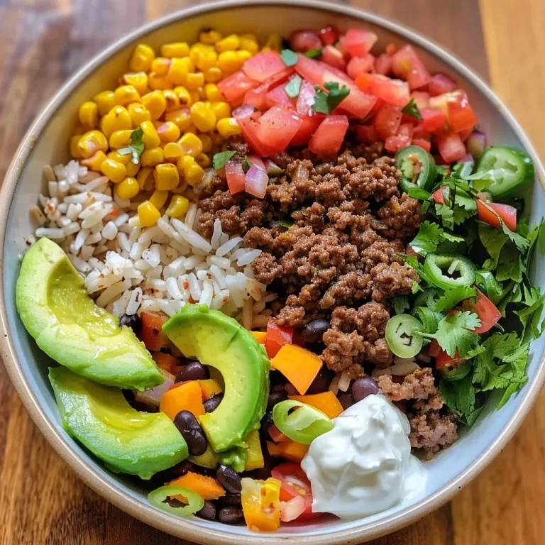 ['Close-up of a Ground Beef Taco Bowl filled with ingredients.', 'Juicy Ground Beef Taco Bowl with vibrant toppings and sweet potatoes.', 'Side view of a colorful Ground Beef Taco Bowl topped with avocado.', 'Detailed shot of a hearty Ground Beef Taco Bowl showcasing fresh ingredients.']
