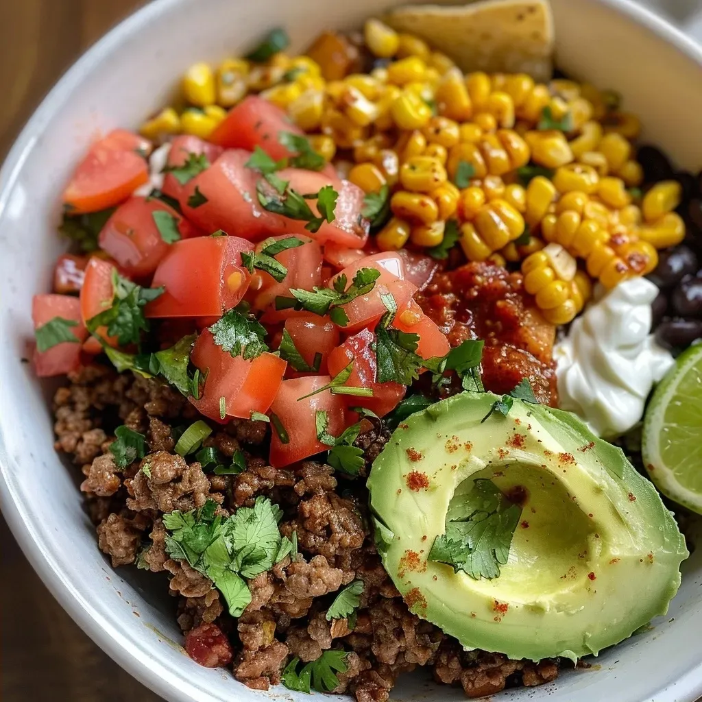 ['Close-up of a Ground Beef Taco Bowl filled with ingredients.', 'Juicy Ground Beef Taco Bowl with vibrant toppings and sweet potatoes.', 'Side view of a colorful Ground Beef Taco Bowl topped with avocado.', 'Detailed shot of a hearty Ground Beef Taco Bowl showcasing fresh ingredients.']