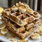 ['Close-up of a golden-brown waffle topped with sliced bananas and syrup.', 'Side view of fluffy banana oat waffles with a drizzle of honey and fresh banana slices.', 'Healthy banana oat waffles displayed on a plate, garnished with banana and cinnamon.', 'Freshly made banana oat waffles with a rich, moist texture and toppings.']