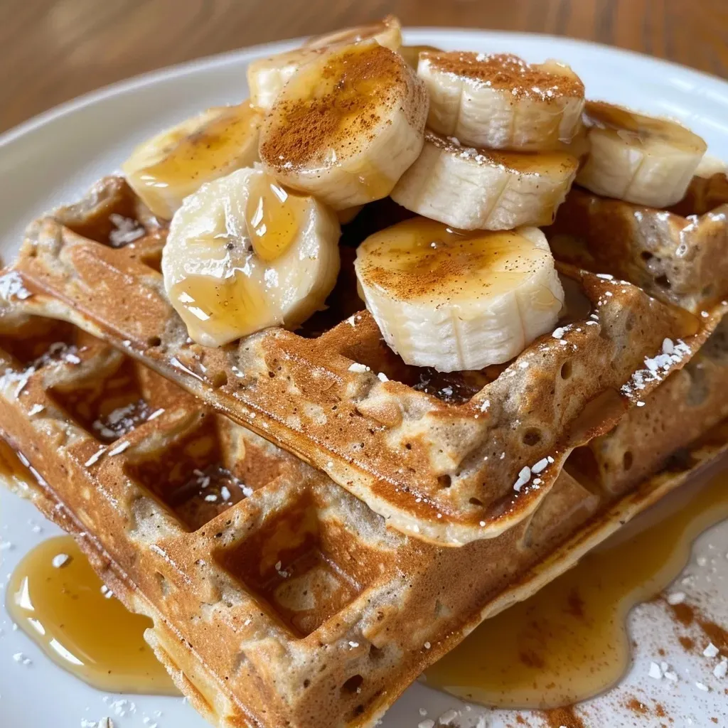 ['Close-up of a golden-brown waffle topped with sliced bananas and syrup.', 'Side view of fluffy banana oat waffles with a drizzle of honey and fresh banana slices.', 'Healthy banana oat waffles displayed on a plate, garnished with banana and cinnamon.', 'Freshly made banana oat waffles with a rich, moist texture and toppings.']