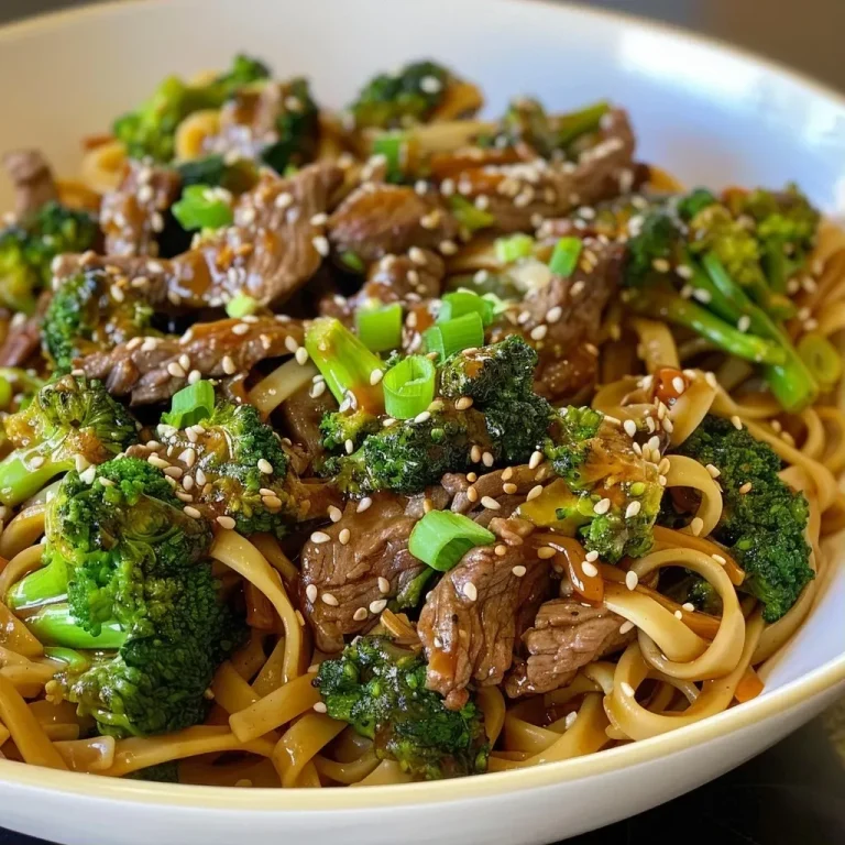 ['Juicy beef and broccoli noodles served in a bowl, showcasing vibrant greens and tender meat.', 'Close-up of healthy beef and broccoli noodles with visible sesame seeds and green onions on top.', 'Detailed side view of a colorful plate of beef and broccoli noodles, highlighting the fresh ingredients.', 'Appetizing image of a noodle dish with broccoli and flank steak, garnished with chili oil and herbs.']
