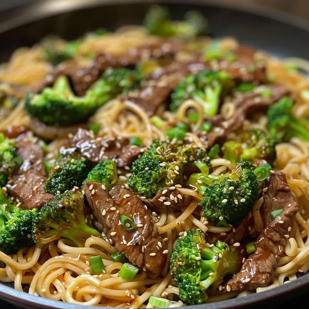 ['Juicy beef and broccoli noodles served in a bowl, showcasing vibrant greens and tender meat.', 'Close-up of healthy beef and broccoli noodles with visible sesame seeds and green onions on top.', 'Detailed side view of a colorful plate of beef and broccoli noodles, highlighting the fresh ingredients.', 'Appetizing image of a noodle dish with broccoli and flank steak, garnished with chili oil and herbs.']