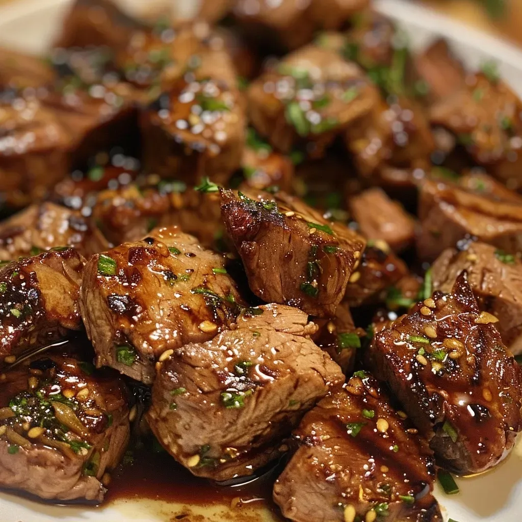 Close-up view of juicy garlic balsamic steak bites served on a wooden board.