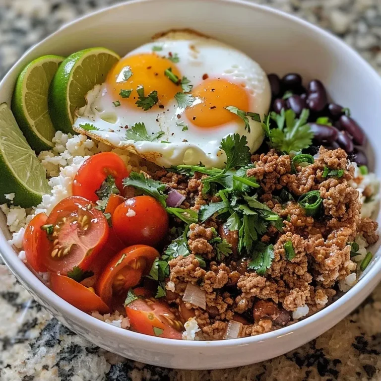['A colorful high-protein breakfast burrito bowl featuring lean ground turkey, egg whites, black beans, and fresh vegetables.', 'Side view of a nutritious breakfast burrito bowl with diced bell pepper, onion, and cherry tomatoes, topped with Greek yogurt.', 'Close-up of a healthy breakfast bowl showcasing ground turkey, cauliflower rice, and lime wedges, garnished with cilantro.', 'A vibrant bowl filled with breakfast ingredients, including eggs, beans, and vegetables, plated attractively for a wholesome meal.']