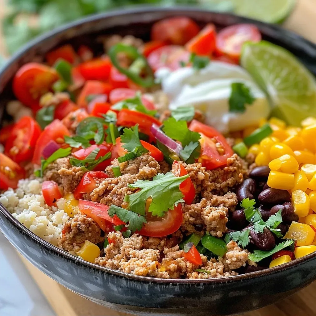 ['A colorful high-protein breakfast burrito bowl featuring lean ground turkey, egg whites, black beans, and fresh vegetables.', 'Side view of a nutritious breakfast burrito bowl with diced bell pepper, onion, and cherry tomatoes, topped with Greek yogurt.', 'Close-up of a healthy breakfast bowl showcasing ground turkey, cauliflower rice, and lime wedges, garnished with cilantro.', 'A vibrant bowl filled with breakfast ingredients, including eggs, beans, and vegetables, plated attractively for a wholesome meal.']