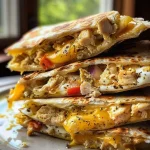 ['Close-up view of a high protein breakfast quesadilla with melted cheese and colorful ingredients.', 'Side view of a delicious breakfast quesadilla filled with eggs, chicken, and vegetables.', 'Juicy breakfast quesadilla showcasing layers of cheese, chicken, and diced peppers on a tortilla.', 'Appetizing high protein breakfast quesadilla with visible ingredients and a golden-brown exterior.']