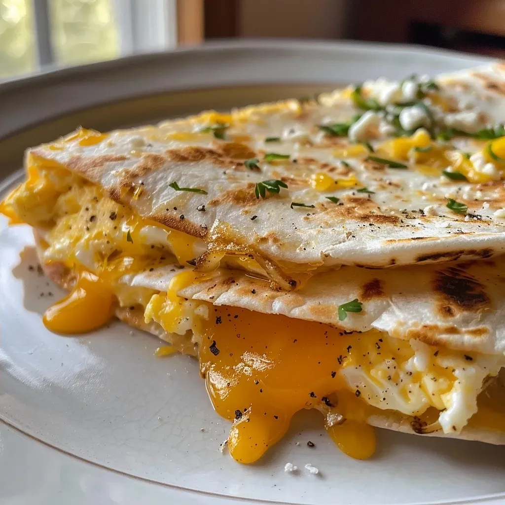 ['Close-up view of a high protein breakfast quesadilla with melted cheese and colorful ingredients.', 'Side view of a delicious breakfast quesadilla filled with eggs, chicken, and vegetables.', 'Juicy breakfast quesadilla showcasing layers of cheese, chicken, and diced peppers on a tortilla.', 'Appetizing high protein breakfast quesadilla with visible ingredients and a golden-brown exterior.']