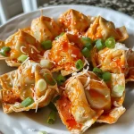['Close-up of crispy wontons filled with shredded chicken and buffalo sauce.', 'Side view of high-protein buffalo chicken wontons on a plate, garnished with green onions.', 'Juicy buffalo chicken wontons arranged beautifully, showcasing their golden brown exterior.', 'A mouthwatering display of buffalo chicken wontons, with melted cheese and a hint of sauce.']