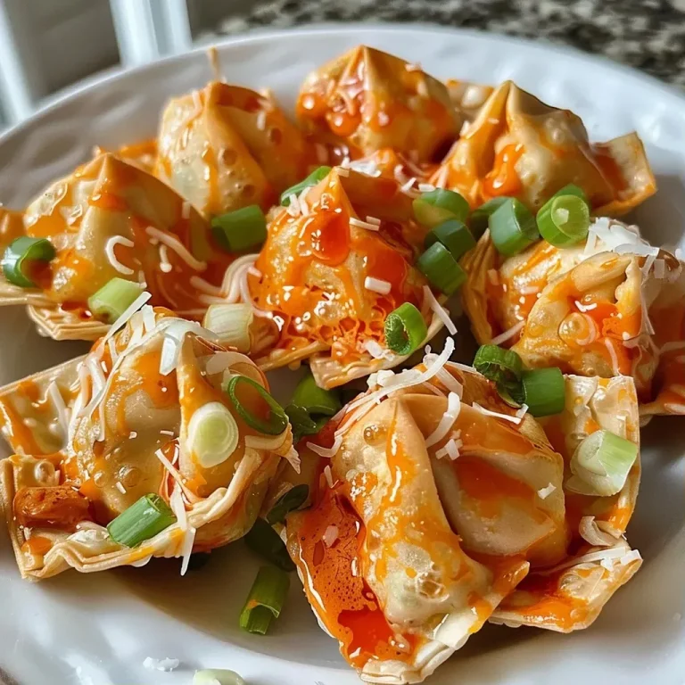 ['Close-up of crispy wontons filled with shredded chicken and buffalo sauce.', 'Side view of high-protein buffalo chicken wontons on a plate, garnished with green onions.', 'Juicy buffalo chicken wontons arranged beautifully, showcasing their golden brown exterior.', 'A mouthwatering display of buffalo chicken wontons, with melted cheese and a hint of sauce.']