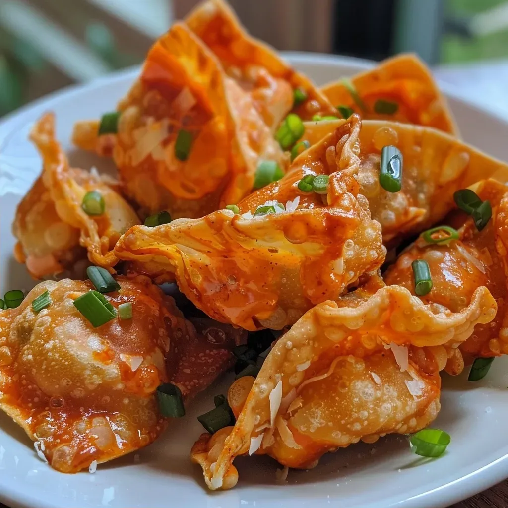['Close-up of crispy wontons filled with shredded chicken and buffalo sauce.', 'Side view of high-protein buffalo chicken wontons on a plate, garnished with green onions.', 'Juicy buffalo chicken wontons arranged beautifully, showcasing their golden brown exterior.', 'A mouthwatering display of buffalo chicken wontons, with melted cheese and a hint of sauce.']