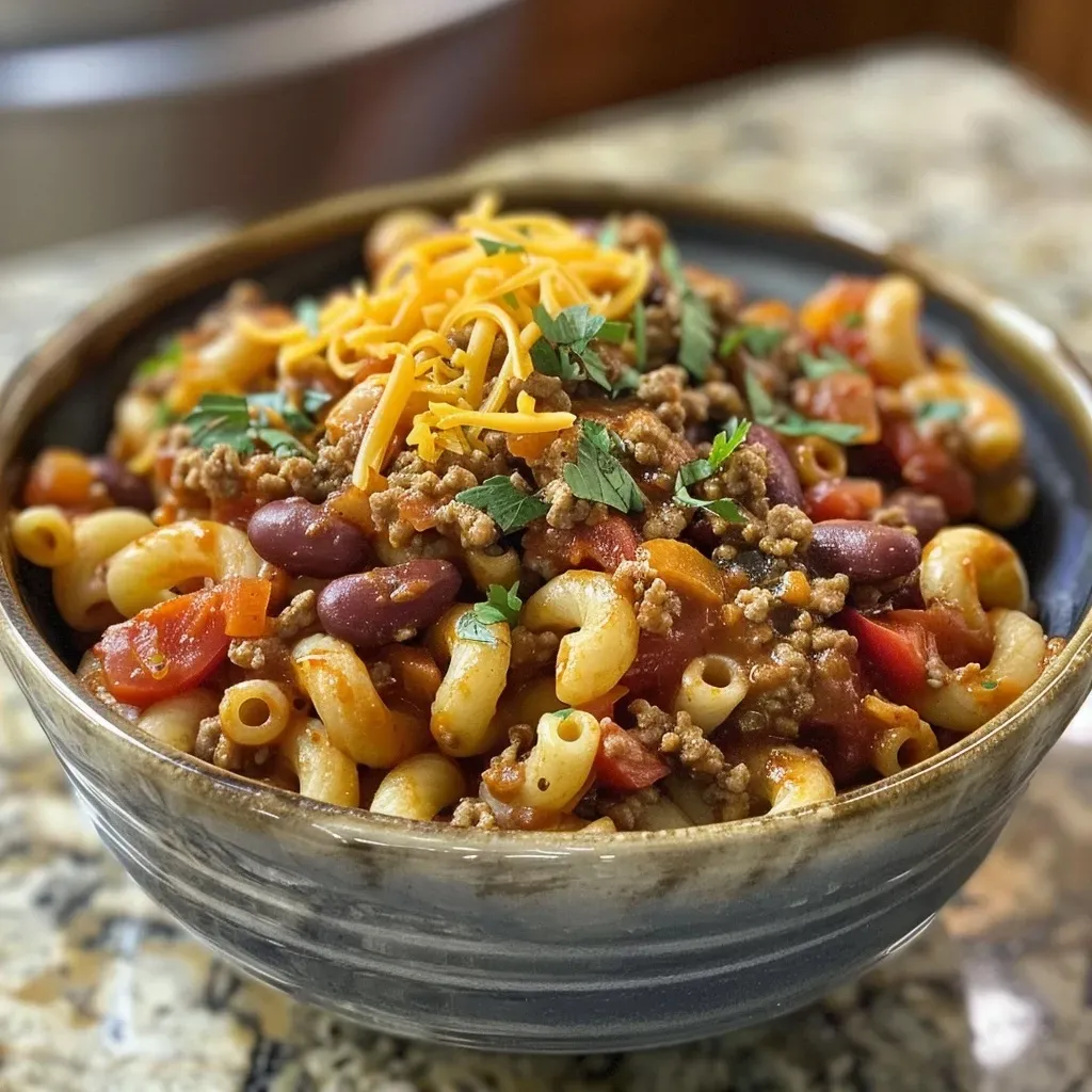['Close-up view of a bowl of High Protein Chili Mac with visible macaroni and toppings.', 'Side view of steaming High Protein Chili Mac with ground beef and cheese melting on top.', 'Rich and hearty High Protein Chili Mac in a bowl, showcasing vibrant ingredients and textures.', 'Colorful High Protein Chili Mac dish featuring macaroni, ground beef, beans, and spices.']