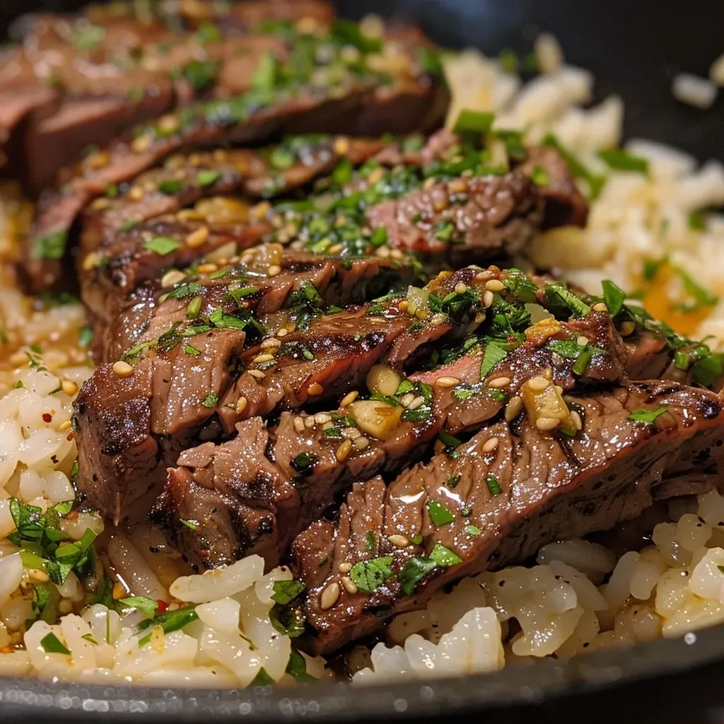 ['Close-up of a skillet filled with honey garlic butter steak and rice, showcasing glistening steak strips and fluffy rice.', 'Side view of a delicious honey garlic butter steak and rice dish in a skillet, highlighting the juicy steak and rice grains.', 'Juicy steak strips with garlic butter sauce on a bed of rice in a skillet, presented in a close-up shot.', 'Appetizing honey garlic butter steak and rice in a skillet, emphasizing the rich colors and textures of the ingredients.']