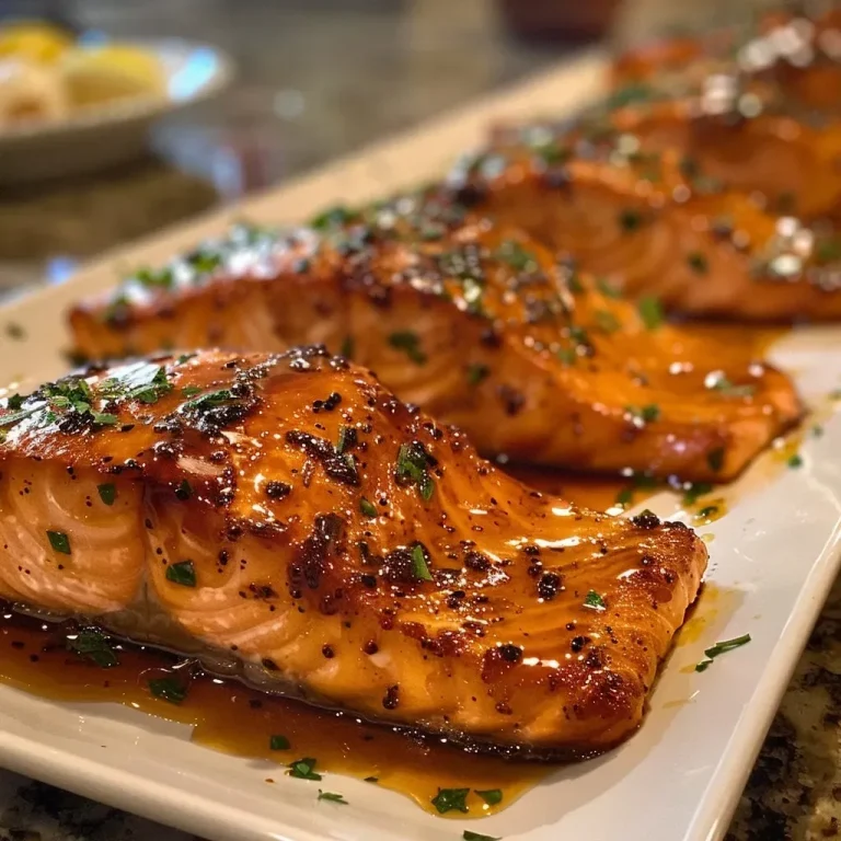 ['Close-up side view of a juicy Honey Garlic Glazed Salmon filet garnished with herbs.', 'Succulent salmon filet drizzled with honey garlic glaze and served on a white plate.', 'Glazed salmon with a rich, shiny honey garlic sauce, displaying hints of garlic pieces.', 'Appetizing salmon filet glistening with honey sauce and a sprinkle of seasoning on a wooden table.']