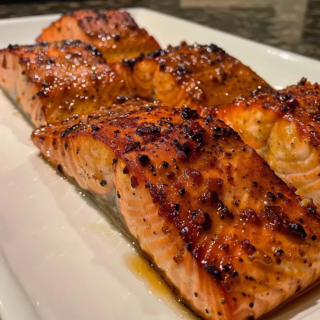 ['Close-up side view of a juicy Honey Garlic Glazed Salmon filet garnished with herbs.', 'Succulent salmon filet drizzled with honey garlic glaze and served on a white plate.', 'Glazed salmon with a rich, shiny honey garlic sauce, displaying hints of garlic pieces.', 'Appetizing salmon filet glistening with honey sauce and a sprinkle of seasoning on a wooden table.']