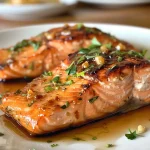 ['Close-up view of a baked honey garlic salmon fillet with a shiny glaze.', 'Side perspective of juicy salmon fillet drizzled with honey garlic sauce on a foil.', 'Delicious-looking salmon fillet with garlic and honey glaze, resting on aluminum foil.', 'Glazed honey garlic salmon displayed on foil, showing texture and seasoning.']
