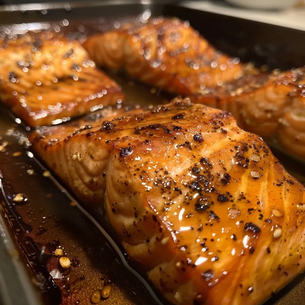 ['Close-up view of a baked honey garlic salmon fillet with a shiny glaze.', 'Side perspective of juicy salmon fillet drizzled with honey garlic sauce on a foil.', 'Delicious-looking salmon fillet with garlic and honey glaze, resting on aluminum foil.', 'Glazed honey garlic salmon displayed on foil, showing texture and seasoning.']