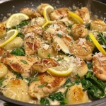 ['A close-up view of Lemon Chicken Gnocchi featuring chicken, creamy sauce, and spinach.', 'Side view of Lemon Chicken Gnocchi with a rich cream sauce and vibrant spinach.', 'Detailed shot of Lemon Chicken Gnocchi showcasing tender chicken and soft gnocchi.', 'A mouthwatering image of Lemon Chicken Gnocchi garnished with fresh spinach and parmesan.']