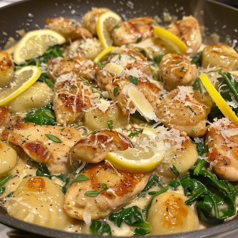 ['A close-up view of Lemon Chicken Gnocchi featuring chicken, creamy sauce, and spinach.', 'Side view of Lemon Chicken Gnocchi with a rich cream sauce and vibrant spinach.', 'Detailed shot of Lemon Chicken Gnocchi showcasing tender chicken and soft gnocchi.', 'A mouthwatering image of Lemon Chicken Gnocchi garnished with fresh spinach and parmesan.']