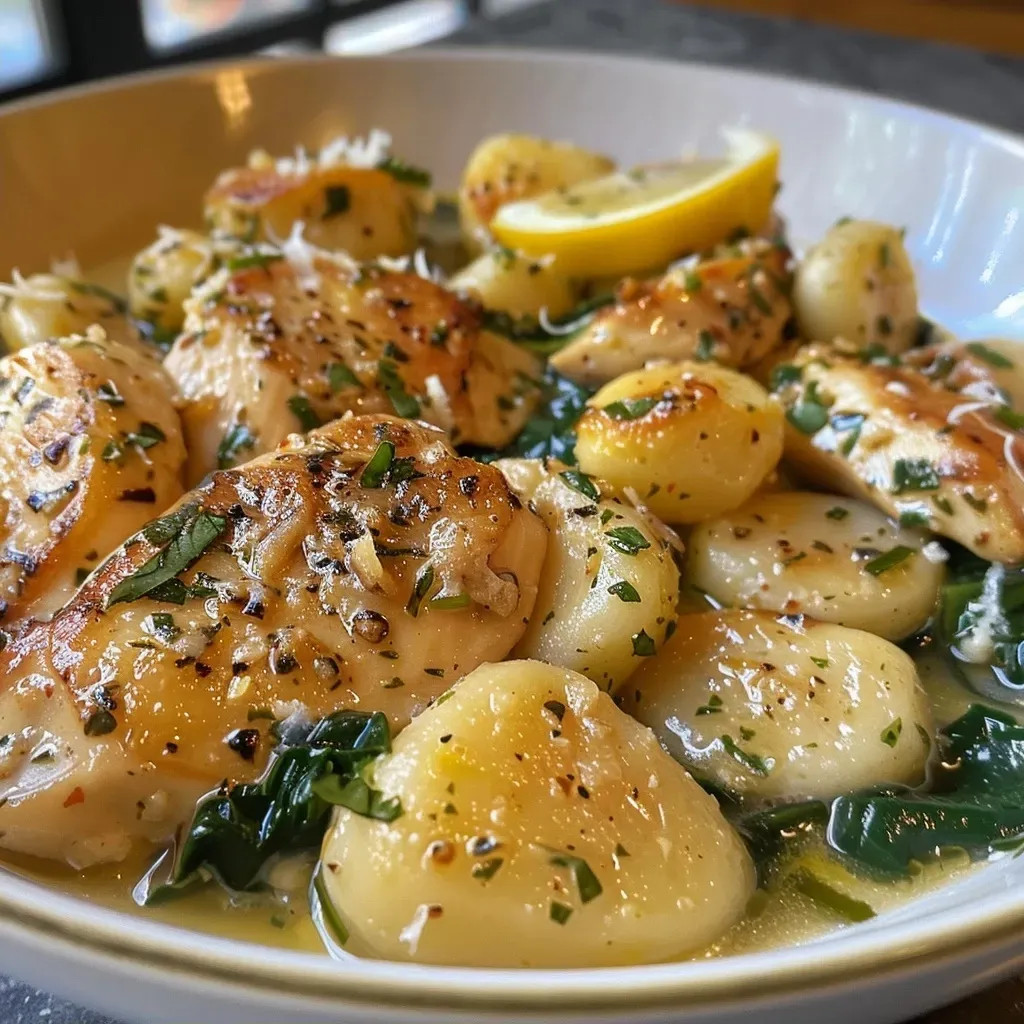 ['A close-up view of Lemon Chicken Gnocchi featuring chicken, creamy sauce, and spinach.', 'Side view of Lemon Chicken Gnocchi with a rich cream sauce and vibrant spinach.', 'Detailed shot of Lemon Chicken Gnocchi showcasing tender chicken and soft gnocchi.', 'A mouthwatering image of Lemon Chicken Gnocchi garnished with fresh spinach and parmesan.']