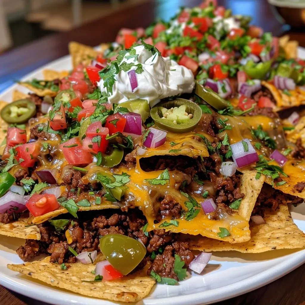 ['Close-up view of loaded beef nachos with melted cheese and toppings.', 'Side shot of a plate of nachos topped with ground beef, cheese, and fresh ingredients.', 'Juicy loaded nachos with vibrant toppings and a variety of cheeses.', 'A tempting arrangement of beef nachos garnished with jalapeños and cilantro.']