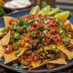 ['Close-up of a plate of loaded nachos topped with ground beef, cheese, and fresh toppings.', 'Side view of crispy nachos piled high with meat, salsa, and avocado.', 'Colorful loaded nachos featuring melted cheese, jalapeños, and sour cream.', 'Crispy tortilla chips loaded with ground beef, beans, and vibrant fresh ingredients.']