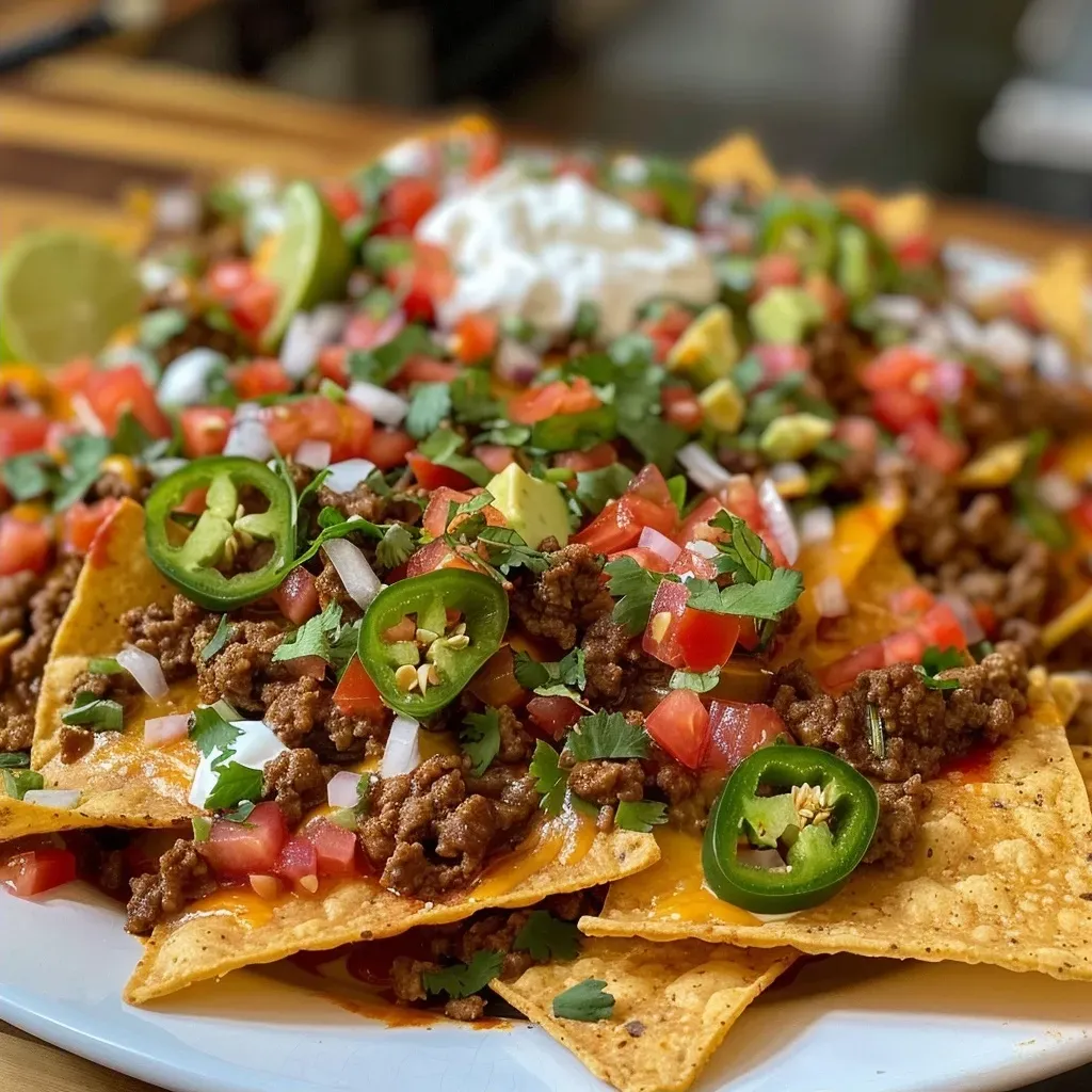 ['Close-up of a plate of loaded nachos topped with ground beef, cheese, and fresh toppings.', 'Side view of crispy nachos piled high with meat, salsa, and avocado.', 'Colorful loaded nachos featuring melted cheese, jalapeños, and sour cream.', 'Crispy tortilla chips loaded with ground beef, beans, and vibrant fresh ingredients.']