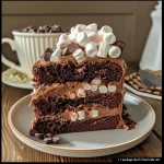 ['Close-up view of a moist Chocolate Cake with marshmallows on top.', 'Side perspective of a layered marshmallow chocolate cake garnished with chocolate chips.', 'Juicy chocolate cake with a plush marshmallow filling and glossy chocolate drizzle.', 'Decadent slice of chocolate cake showcasing marshmallows and rich chocolate layers.']