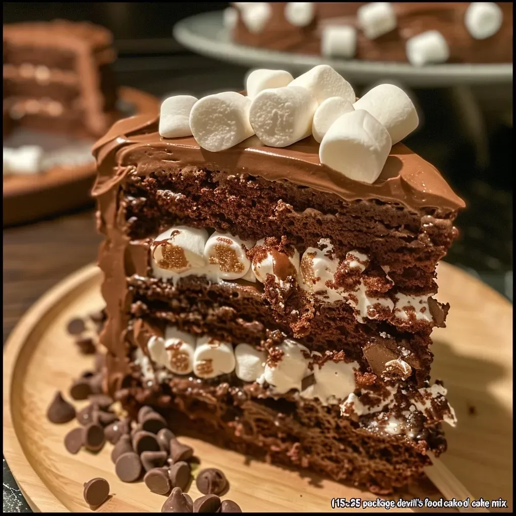 Close-up view of a moist Chocolate Cake with marshmallows on top.
