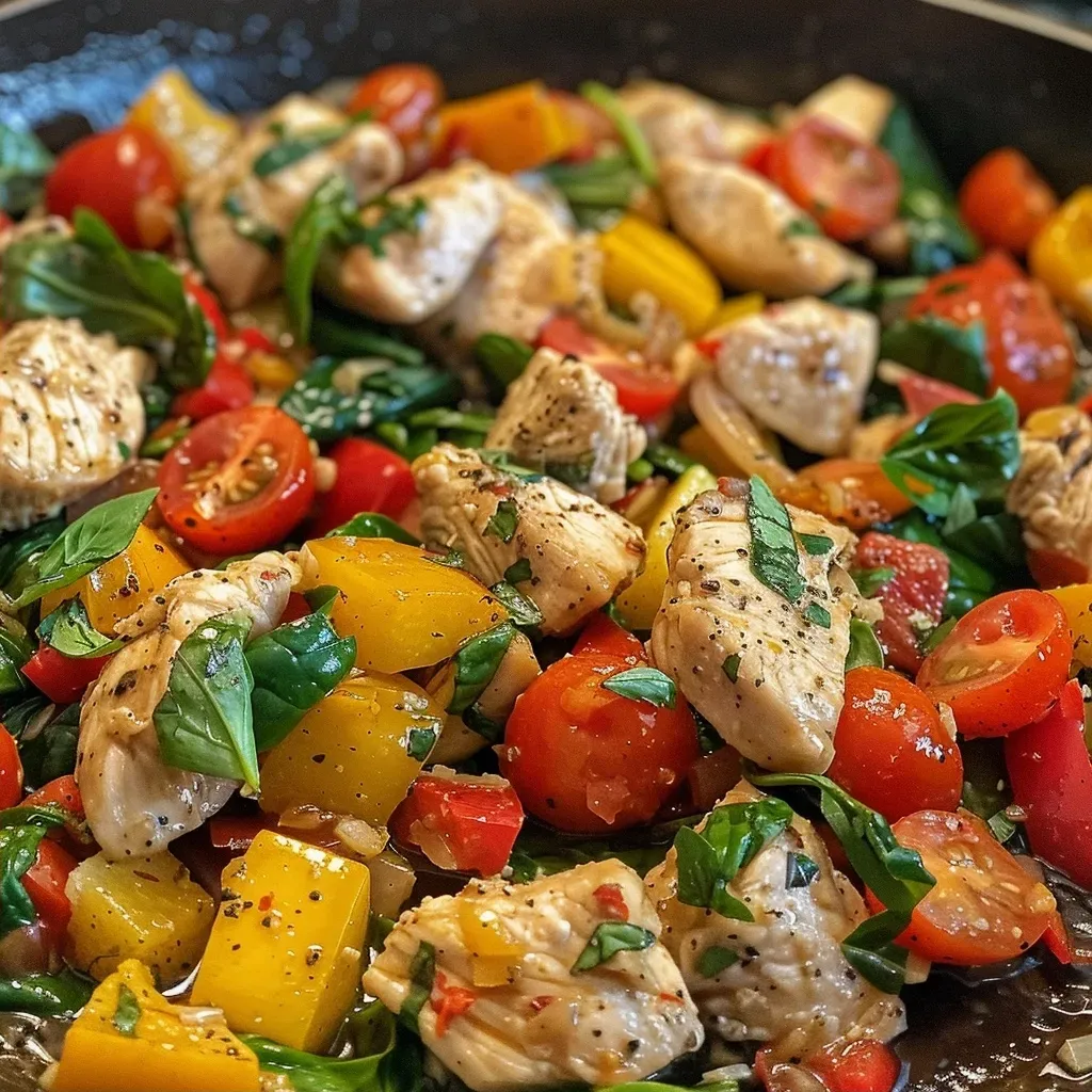 Close-up view of a colorful Mediterranean chicken stir fry with vibrant vegetables.