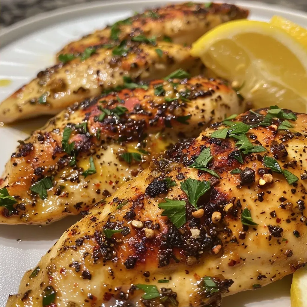 ['Juicy Mediterranean chicken tenders garnished with fresh parsley and lemon wedges.', 'Close-up view of golden-brown chicken tenders drizzled with olive oil, surrounded by lemon slices.', 'Flavor-packed chicken tenders with a crispy exterior, highlighted with herbs and spices.', 'Tender chicken strips seasoned with garlic and oregano, served on a plate with lemon wedges.']