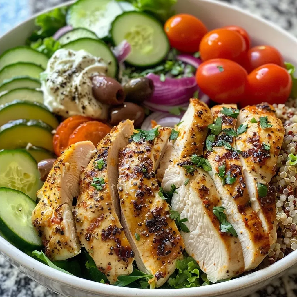 ['Juicy Mediterranean chicken breast garnished with fresh parsley, side view.', 'Close-up of a grilled Mediterranean chicken breast with herbs and lemon slices.', 'Seasoned chicken breast with a vibrant red onion and lemon, displayed on a plate.', 'Succulent Mediterranean chicken breast against a blurred background, highlighting textures.']