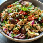 ['A close-up view of a Mediterranean High-Protein Chicken Salad featuring diced chicken, olives, and colorful herbs.', 'Side view of a delicious bowl of Mediterranean Chicken Salad, showcasing vibrant ingredients like red onion and sundried tomatoes.', 'Close-up photograph of a hearty chicken salad, highlighting the blend of fresh herbs and Greek yogurt dressing.', 'A detailed side view of Mediterranean High-Protein Chicken Salad, filled with diced chicken and garnished with fresh cilantro and mint.']