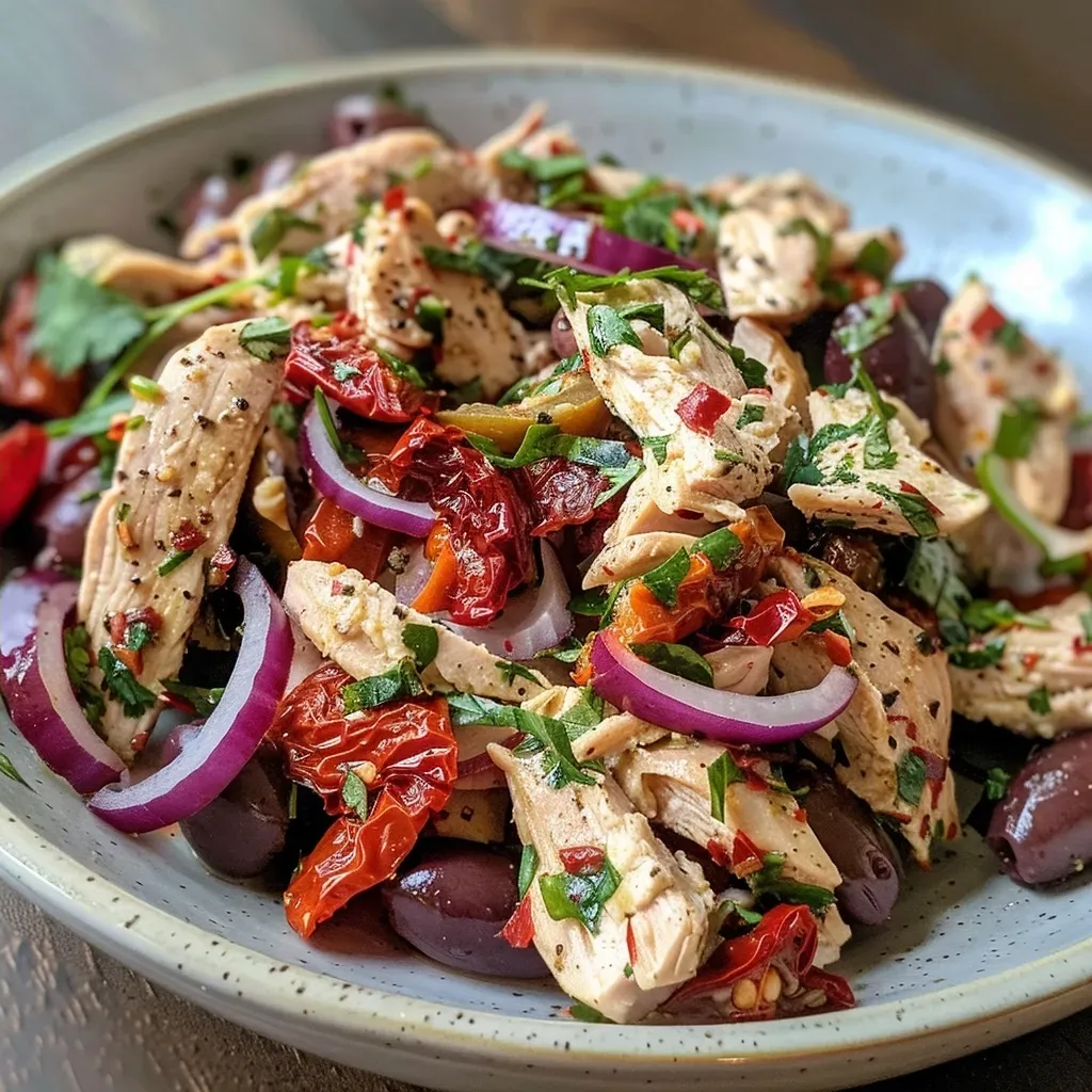 ['A close-up view of a Mediterranean High-Protein Chicken Salad featuring diced chicken, olives, and colorful herbs.', 'Side view of a delicious bowl of Mediterranean Chicken Salad, showcasing vibrant ingredients like red onion and sundried tomatoes.', 'Close-up photograph of a hearty chicken salad, highlighting the blend of fresh herbs and Greek yogurt dressing.', 'A detailed side view of Mediterranean High-Protein Chicken Salad, filled with diced chicken and garnished with fresh cilantro and mint.']