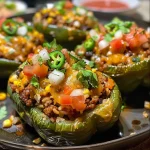 ['Close-up side view of Mexican Stuffed Peppers filled with ground beef, rice, and cheese.', 'Juicy Mexican Stuffed Peppers garnished with cilantro, showcasing a colorful mix of ingredients.', 'Delicious roasted poblano peppers filled with a savory blend of beef, beans, and corn.', 'Vibrant stuffed peppers displaying a rich filling of cheese, salsa, and spices.']