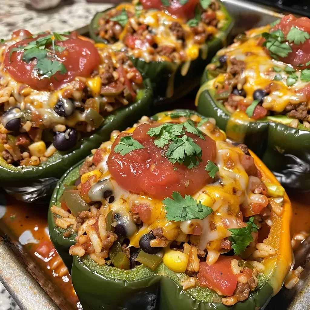 ['Close-up side view of Mexican Stuffed Peppers filled with ground beef, rice, and cheese.', 'Juicy Mexican Stuffed Peppers garnished with cilantro, showcasing a colorful mix of ingredients.', 'Delicious roasted poblano peppers filled with a savory blend of beef, beans, and corn.', 'Vibrant stuffed peppers displaying a rich filling of cheese, salsa, and spices.']