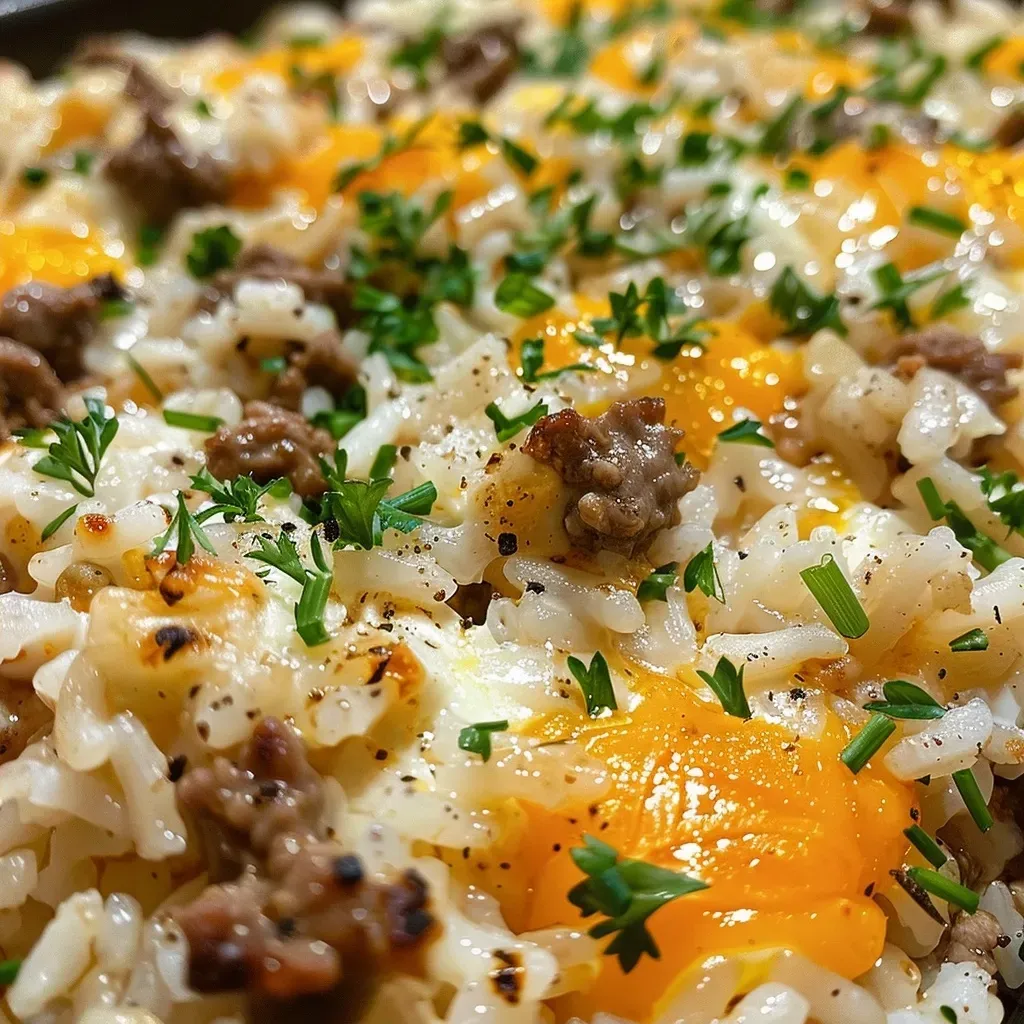 ['Close-up of a plate featuring Million Dollar Garlic Butter Beef Rice with melted cheese and garnished with parsley.', 'Side view of a delicious serving of garlic butter beef rice, highlighting juicy ground beef and creamy textures.', 'Close-up image showing a bowl of Million Dollar Garlic Butter Beef Rice, rich in melted cheeses and fresh herbs.', 'Detailed view of a sumptuous garlic butter beef rice dish, showcasing vibrant colors and a creamy finish.']