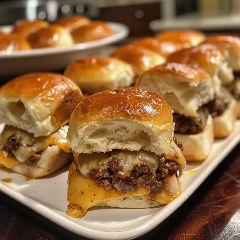 ['Close-up view of juicy Mini Garlic Cheeseburger Sliders on a plate.', 'Side angle of Mini Garlic Cheeseburger Sliders with melted cheese.', 'Delicious Mini Garlic Cheeseburger Sliders stacked on a serving platter.', 'A tempting arrangement of Mini Garlic Cheeseburger Sliders with garlic butter glaze.']