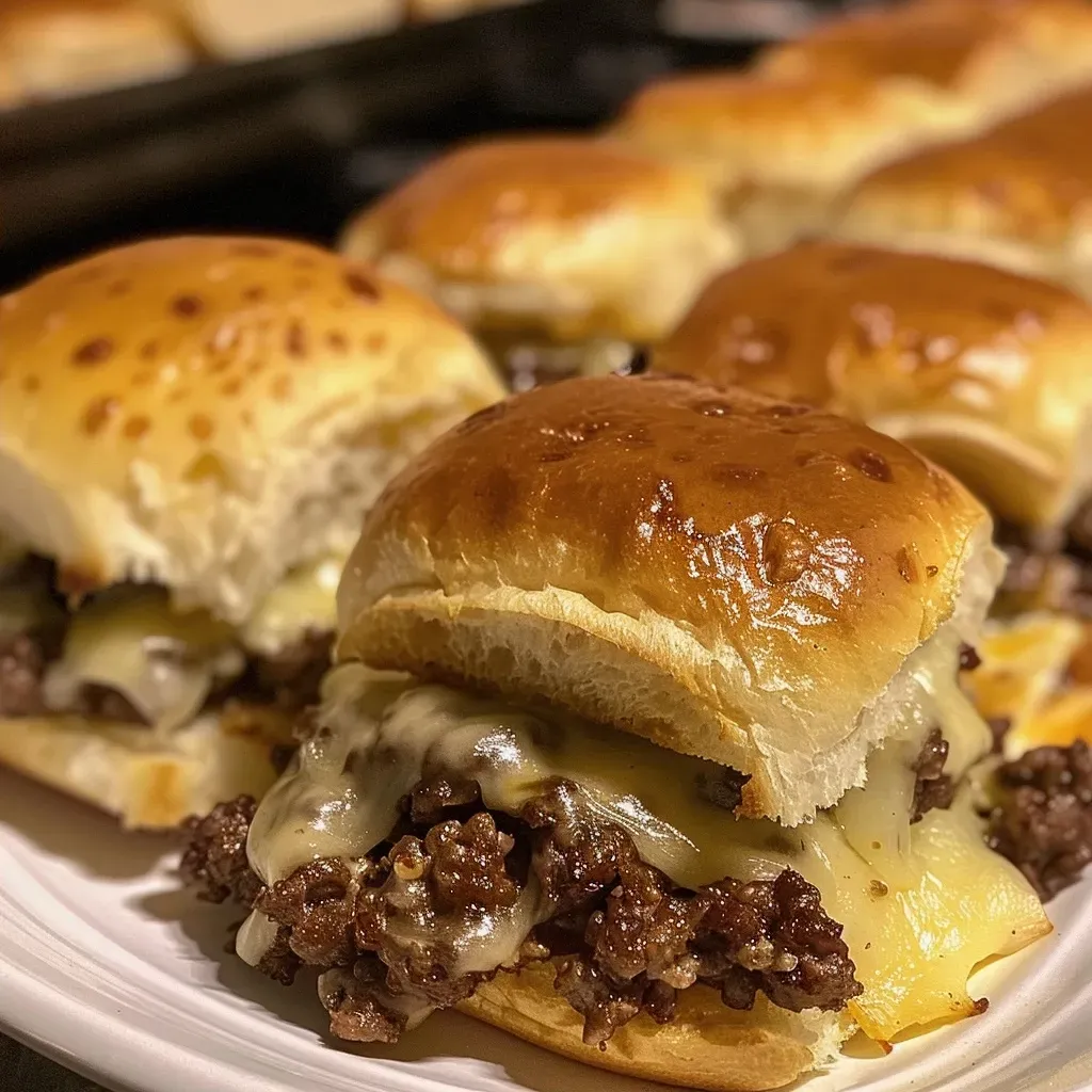 ['Close-up view of juicy Mini Garlic Cheeseburger Sliders on a plate.', 'Side angle of Mini Garlic Cheeseburger Sliders with melted cheese.', 'Delicious Mini Garlic Cheeseburger Sliders stacked on a serving platter.', 'A tempting arrangement of Mini Garlic Cheeseburger Sliders with garlic butter glaze.']