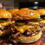 ['A side view of mini cheeseburger sliders stacked on a wooden board, topped with caramelized onions and pickles.', 'Juicy mini loaded cheeseburger sliders with melted cheese and caramelized onions, arranged on a plate.', 'Close-up of miniature cheeseburgers, featuring golden-brown brioche buns and toppings like lettuce and pickles.', 'A detailed view of sliders with juicy beef patties, melted cheese, and caramelized onions, set against a rustic backdrop.']