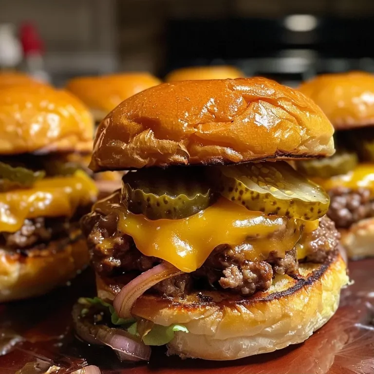 ['A side view of mini cheeseburger sliders stacked on a wooden board, topped with caramelized onions and pickles.', 'Juicy mini loaded cheeseburger sliders with melted cheese and caramelized onions, arranged on a plate.', 'Close-up of miniature cheeseburgers, featuring golden-brown brioche buns and toppings like lettuce and pickles.', 'A detailed view of sliders with juicy beef patties, melted cheese, and caramelized onions, set against a rustic backdrop.']