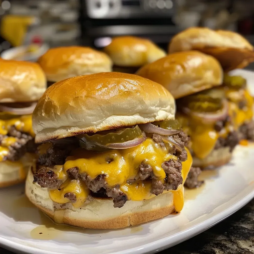 ['A side view of mini cheeseburger sliders stacked on a wooden board, topped with caramelized onions and pickles.', 'Juicy mini loaded cheeseburger sliders with melted cheese and caramelized onions, arranged on a plate.', 'Close-up of miniature cheeseburgers, featuring golden-brown brioche buns and toppings like lettuce and pickles.', 'A detailed view of sliders with juicy beef patties, melted cheese, and caramelized onions, set against a rustic backdrop.']