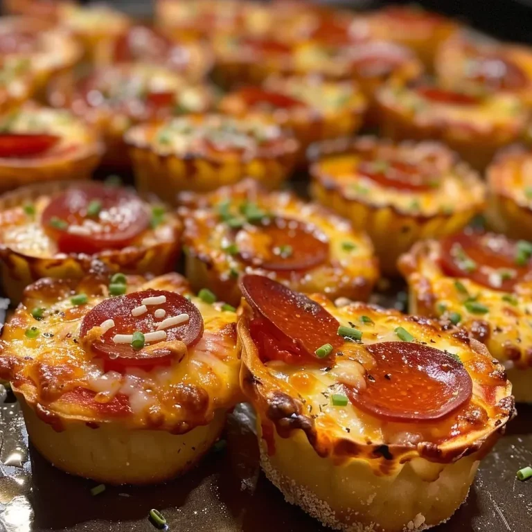 ['Close-up of mini pepperoni pizza cups filled with cheese and pepperoni.', 'Side view of golden brown mini pepperoni pizza cups on a plate.', 'Juicy mini pepperoni pizza cups with melted cheese, freshly baked.', 'Individual servings of mini pepperoni pizza cups showing toppings.']